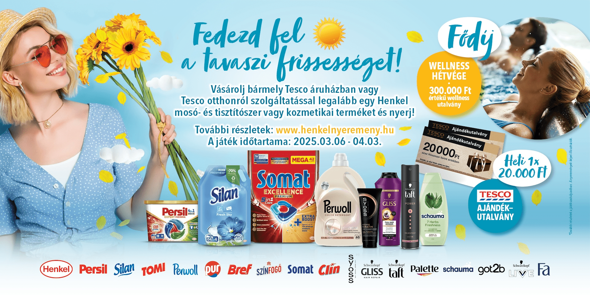 <p>Vásárolj bármely magyarországi Tesco áruházban vagy a Tesco Otthon szolgáltatásában legalább egy darab Henkel mosó- és tisztítószer vagy kozmetikai terméket és nyerj!</p>